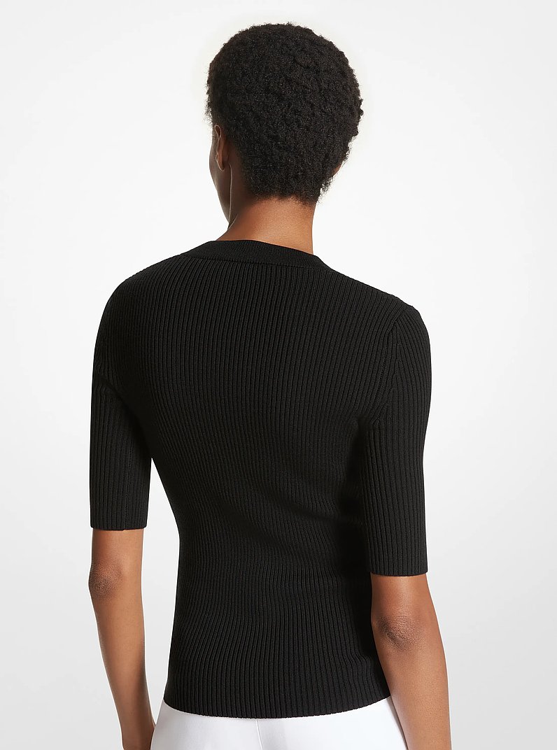 Ribbed Merino Wool Blend Lace-Up Top in BLACK | Michael Kors