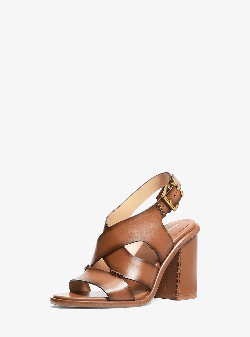 Raven Burnished Leather Block Heel Sandal in LUGGAGE | Michael Kors