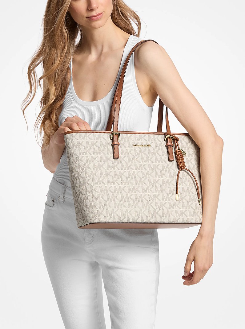 Jet Set Signature Logo Tote Bag With Bag Charm in VANILLA/LUGGAGE | Michael Kors