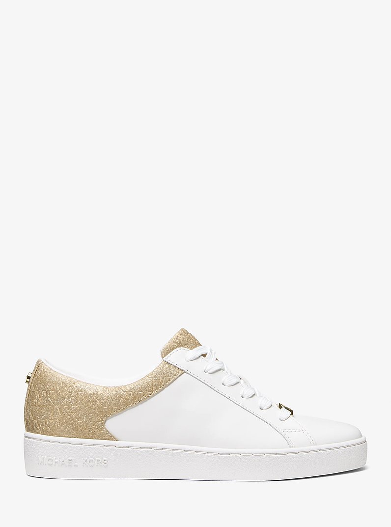 Keaton Leather and Glitter Logo Embossed Sneaker in PALE GOLD | Michael Kors