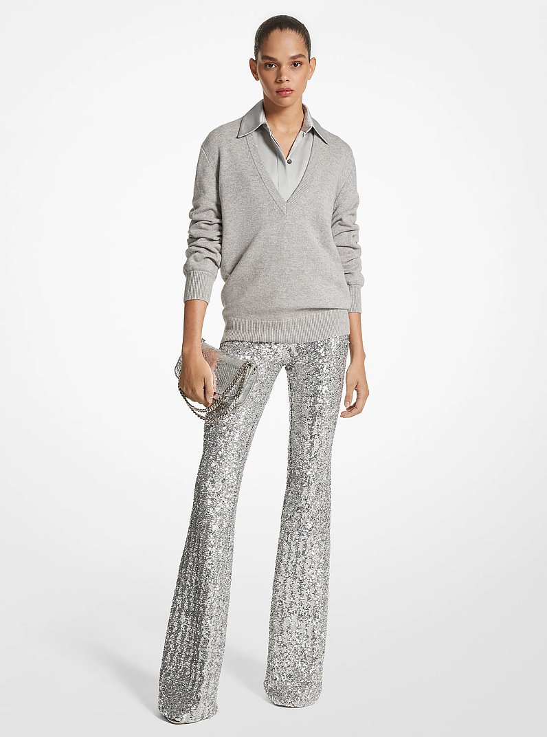 Sequined Stretch Tulle Flared Pants in SILVER | Michael Kors