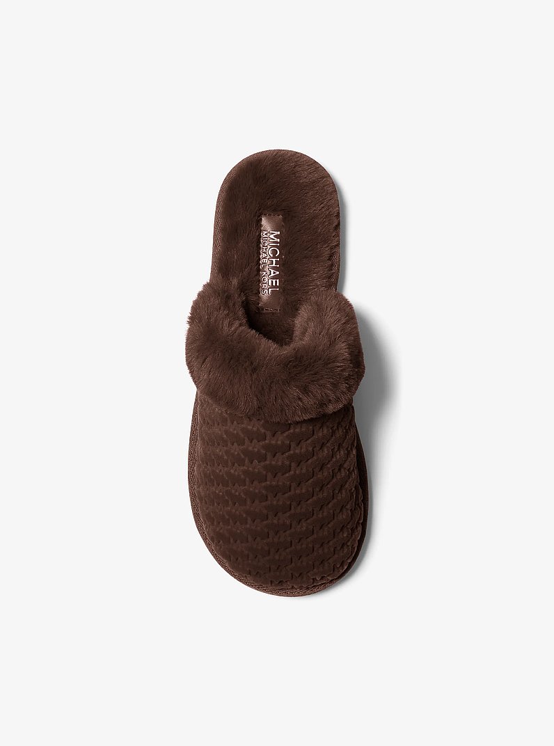 Liddy Logo Debossed Velvet and Faux Fur Slipper in NUTMEG | Michael Kors