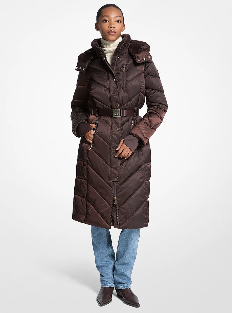 Faux Fur Trim Belted Puffer Coat in CHOCOLATE | Michael Kors