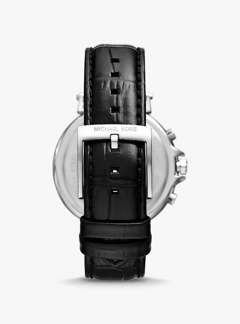 Oversized Maren Silver-Tone and Crocodile Embossed Leather Watch in BLACK | Michael Kors