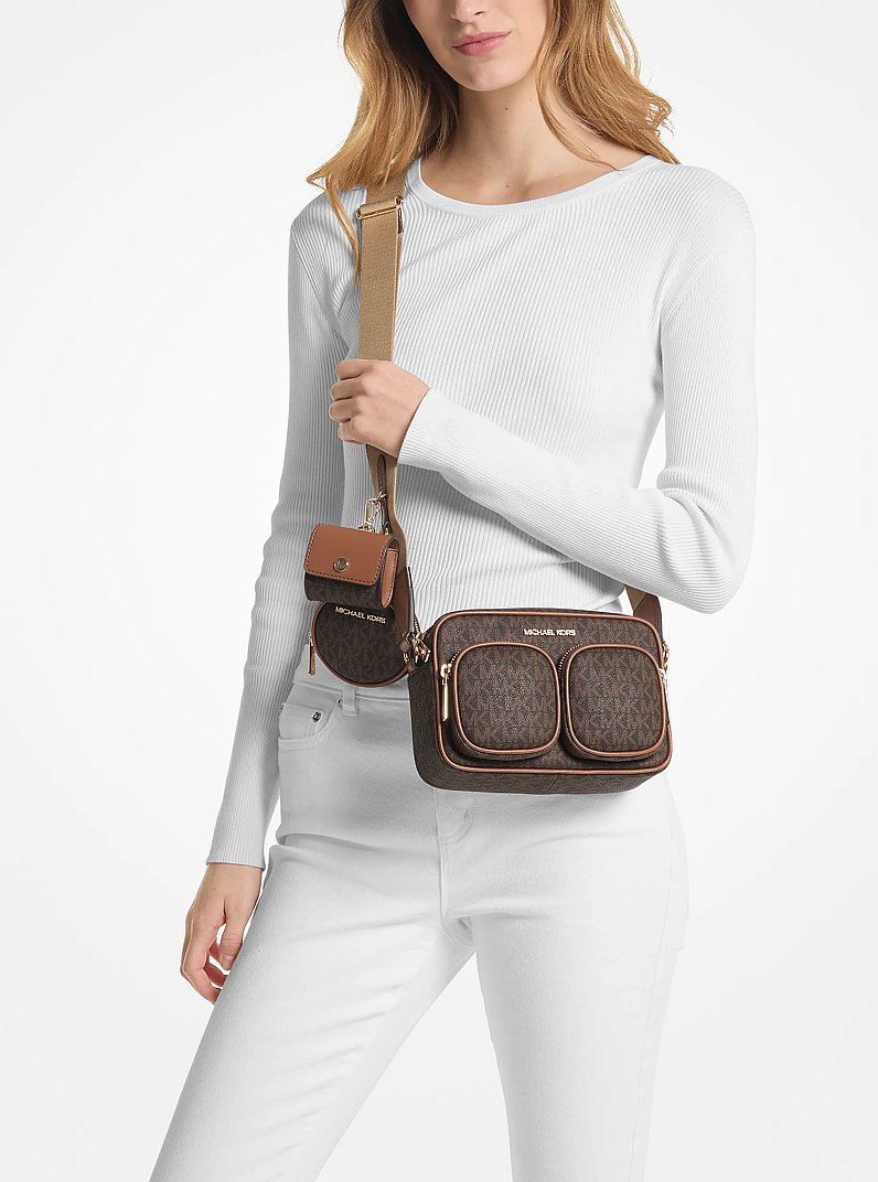 Jet Set Medium Signature Logo Crossbody Bag with Case for Apple Airpods Pro&reg; in BROWN | Michael Kors