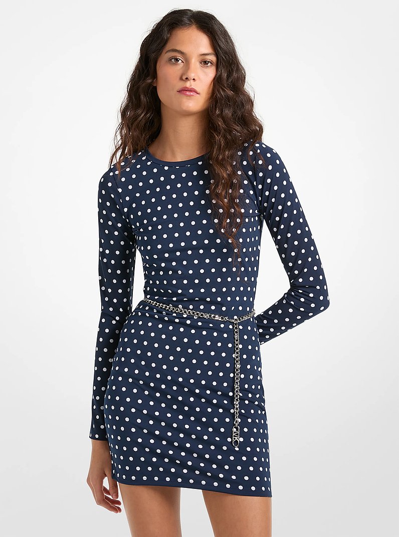 Polka Dot Stretch Matte Jersey Belted Dress in MIDNIGHTBLUE | Michael Kors