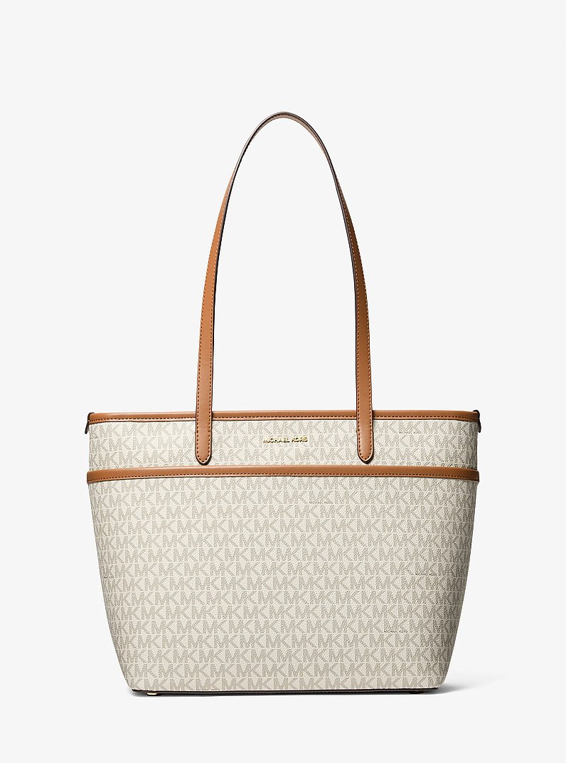 Marlowe Medium Signature Logo Pocket Tote Bag in VANILLA/ACORN | Michael Kors