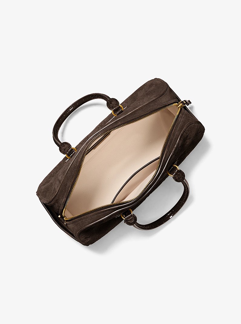 Jet Set Travel Medium Logo Embossed Suede Duffel Crossbody Bag in CHOCOLATE | Michael Kors
