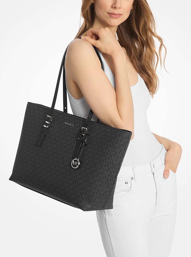 Quinn Large Signature Logo and Leather Tote Bag in BLACK | Michael Kors