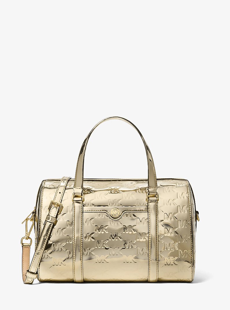 Jet Set Medium Metallic Logo Debossed Satchel in PALE GOLD | Michael Kors