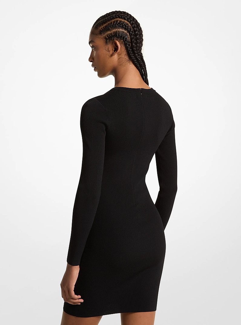 Ribbed Stretch Knit Lace-Up Dress in BLACK | Michael Kors