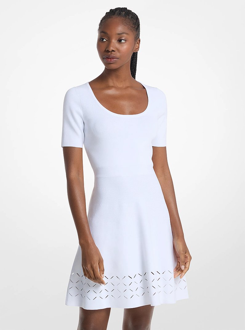 Laser Cut Stretch Knit Mini Dress in WHITE | Michael Kors