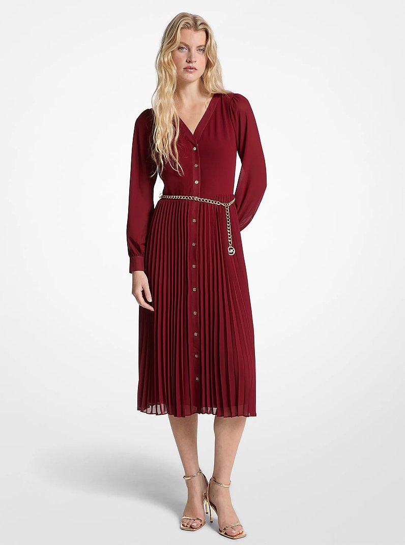 Georgette Belted Pleated Shirtdress in CHERRY | Michael Kors