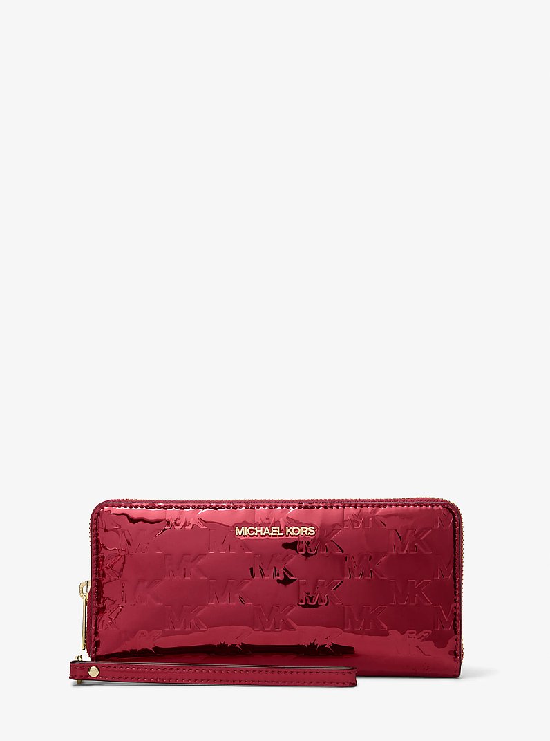 Jet Set Large Metallic Logo Debossed Continental Wallet in CHERRY | Michael Kors