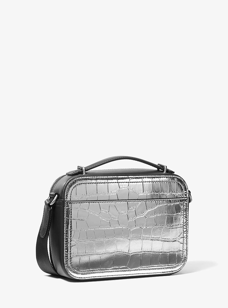 Hudson Metallic Crocodile Embossed Leather Crossbody Bag in SILVER | Michael Kors