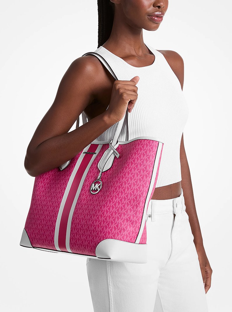 Eva Large Signature Logo Stripe Tote Bag in DRAGONFRUIT | Michael Kors