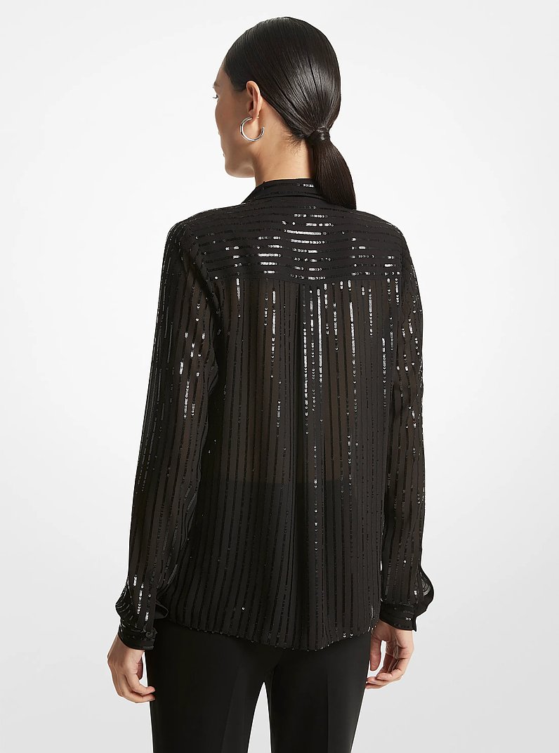 Pinstripe Sequined Georgette Tie-Neck Blouse in BLACK | Michael Kors