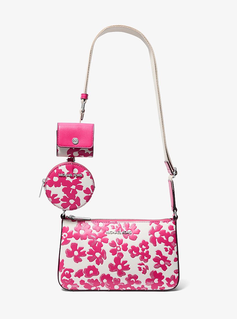 Jet Set Small Sequined Floral Print Crossbody Bag with Case for Apple Airpods Pro&reg; in DRAGONFRUIT | Michael Kors