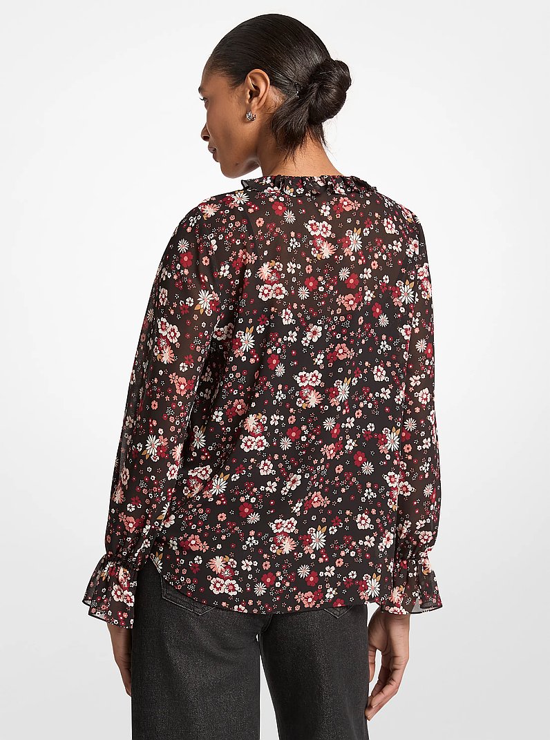 Haut en georgette &agrave; imprim&eacute; floral et &agrave; volants in NOIR | Michael Kors