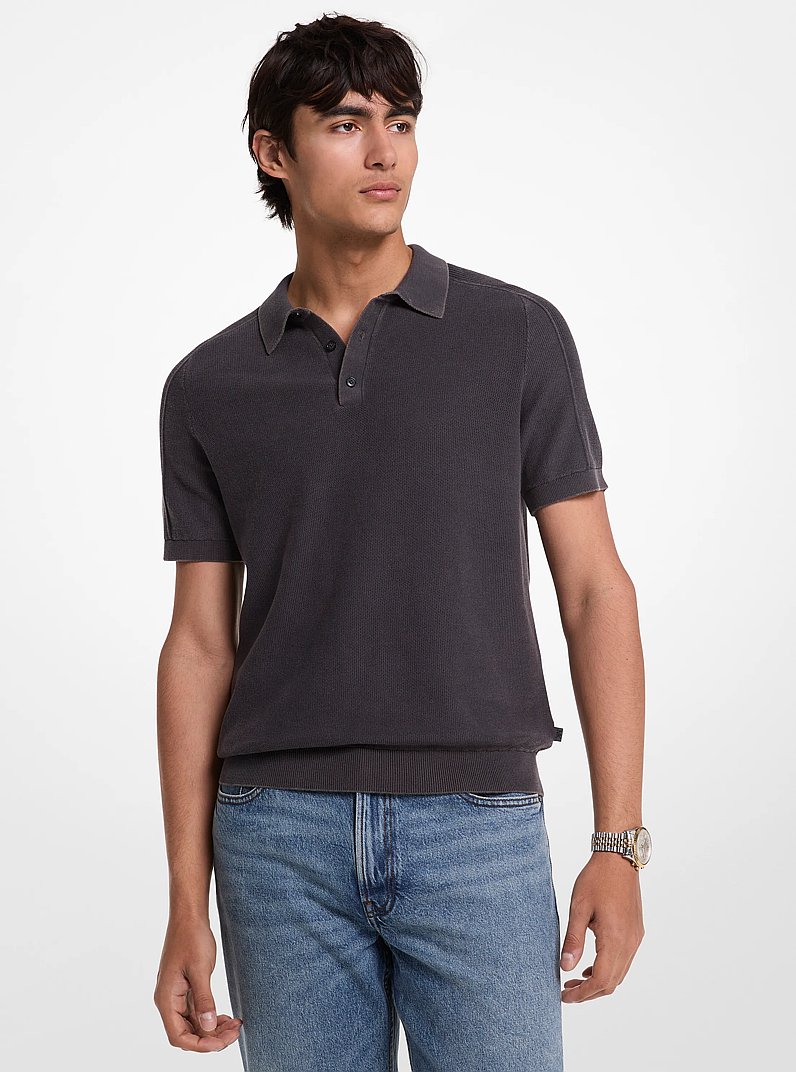 Linen and Cotton Polo Shirt in BLACK | Michael Kors