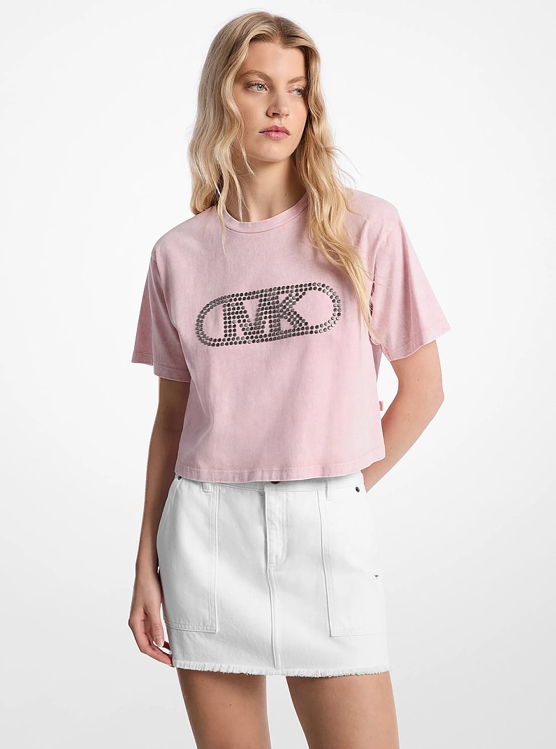 Verk&uuml;rztes T-Shirt aus st&uuml;ckgef&auml;rbter Baumwolle mit Nieten in ROSENWASSER MIT WASCHUNG | Michael Kors