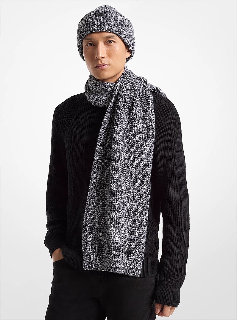 Ribbed Knit Beanie Hat and Scarf Set in BLACK/EGGSHELL | Michael Kors