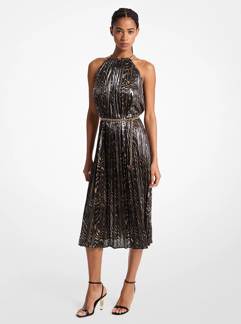 Pleated Metallic Halter Dress in BLACK/GOLD | Michael Kors