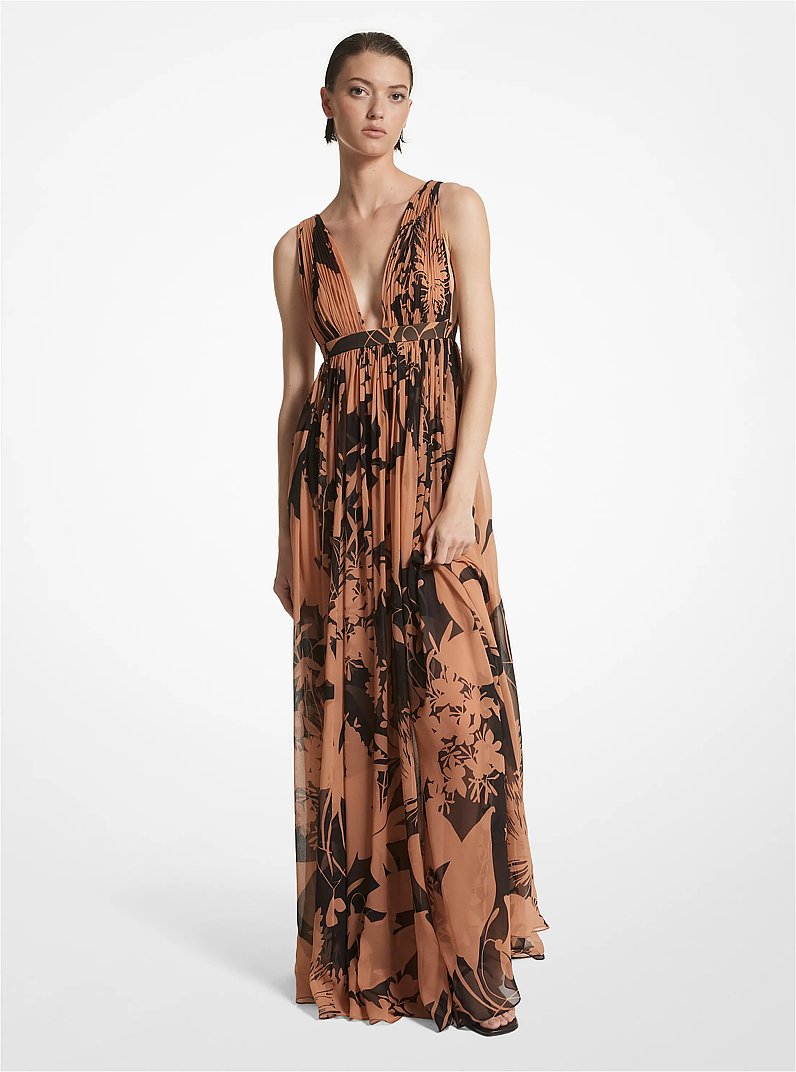 Shadow Floral Silk Chiffon Empire Goddess Gown   in SUNTAN/BLACK | Michael Kors