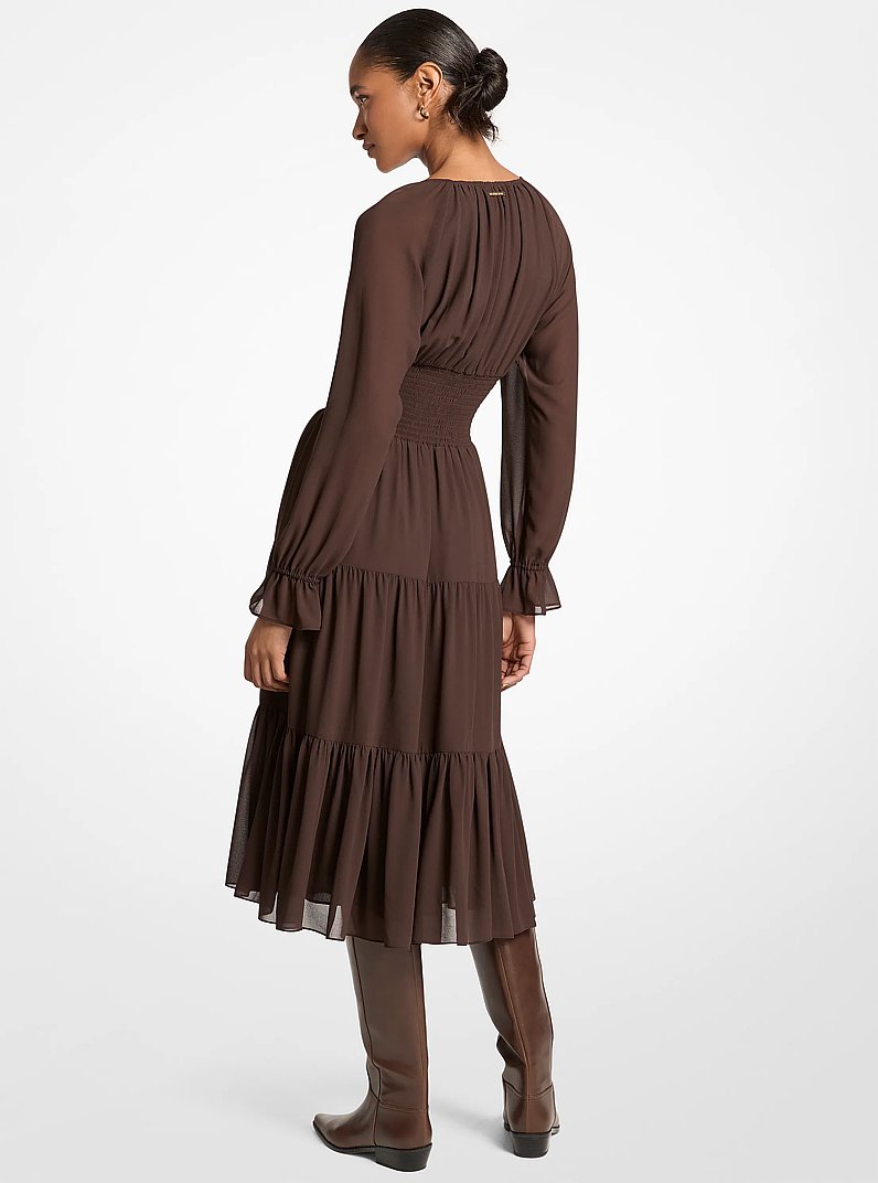 Smocked Georgette Midi Dress in CHOCOLATE | Michael Kors