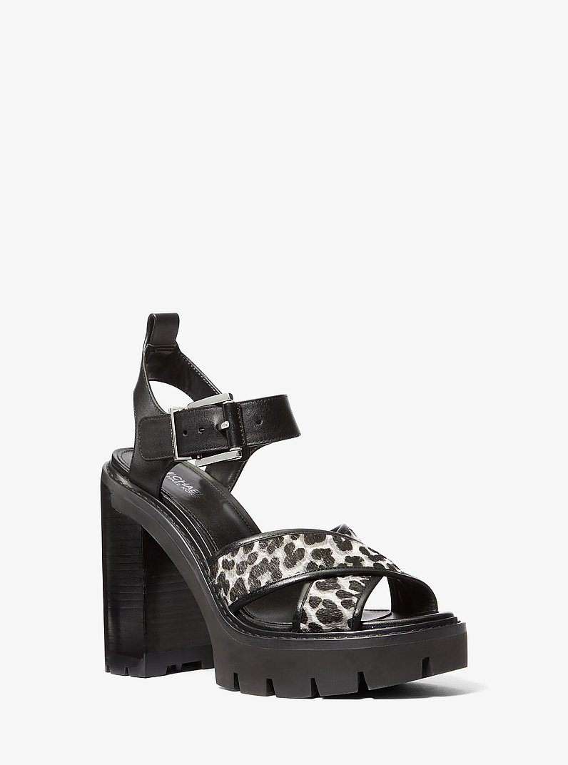 Colby Leopard Print Calf Hair Lug Platform Sandal  in BLACK COMBO | Michael Kors