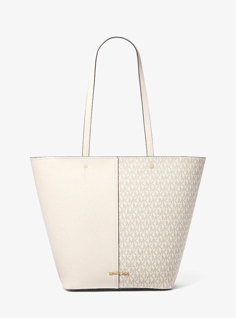 Flora Large Signature Logo and Leather Tote Bag in VAN/CREAM | Michael Kors
