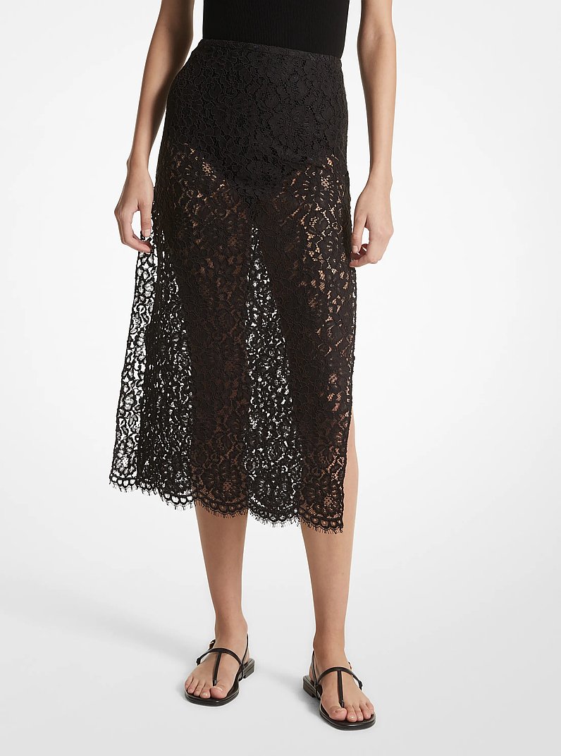 Corded Floral Lace Slit Skirt in BLACK | Michael Kors