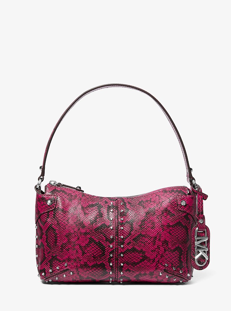 Astor Large Studded Snake Embossed Leather Shoulder Bag in DEEP FUCHSIA | Michael Kors