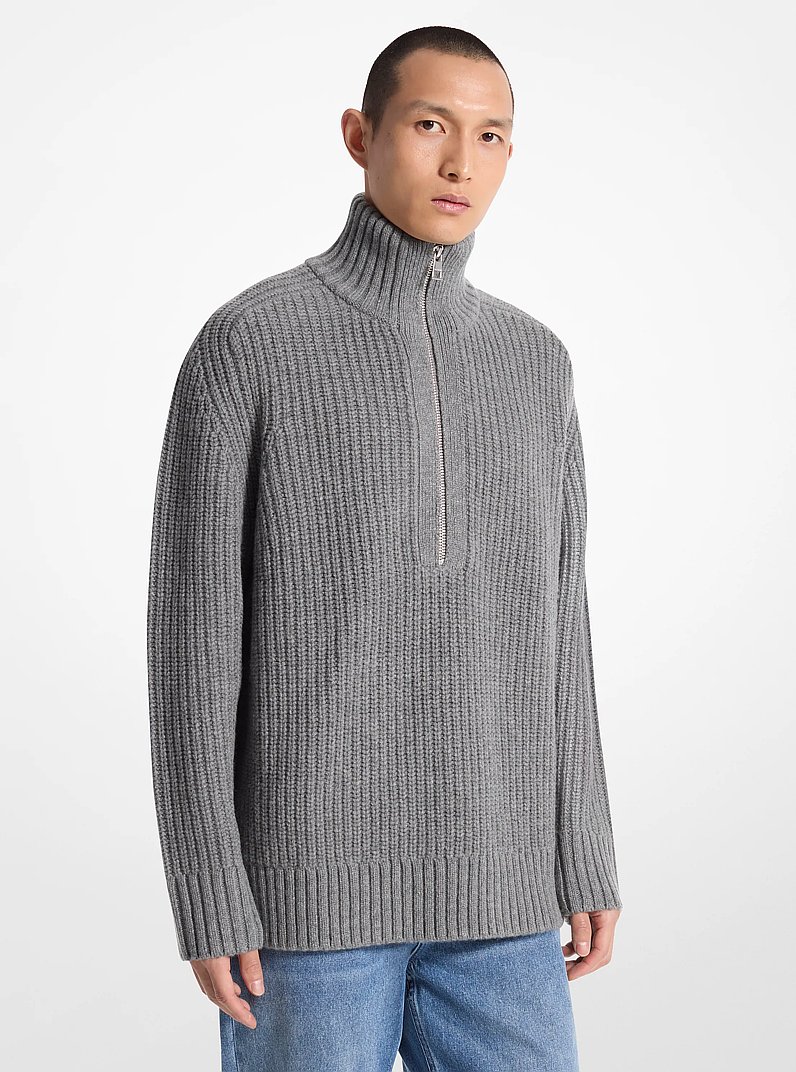 Wool and Cashmere Blend Half-Zip Sweater in ASH | Michael Kors