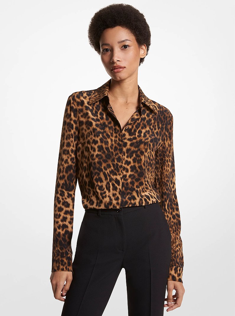 Hansen Leopard Silk Crepe De Chine Shirt in CAMEL MLT | Michael Kors