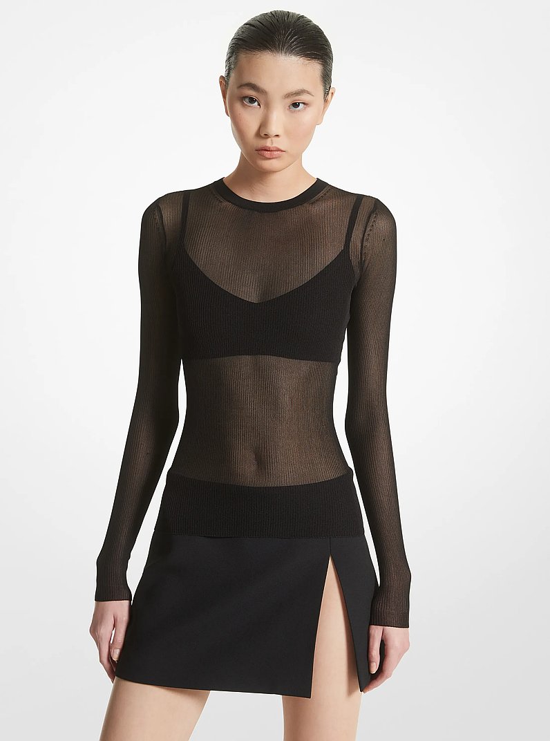 Ribbed Sheer Viscose Blend Sweater and Bra Top in BLACK | Michael Kors