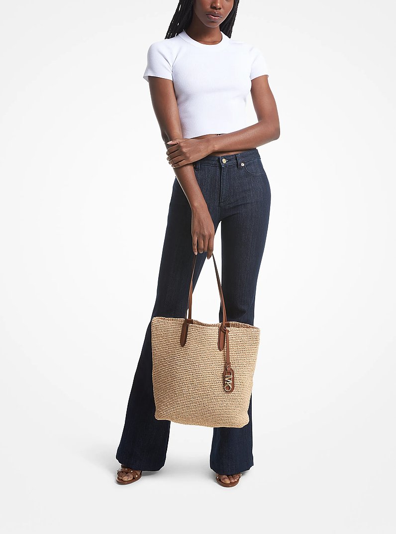 Eliza Large Woven Straw Tote Bag in NATURAL/LUGGAGE | Michael Kors