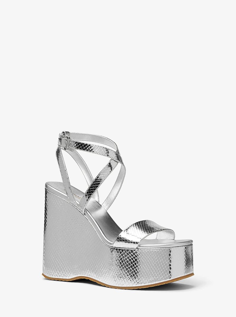 Paola Metallic Snake Embossed Leather Wedge Sandal in SILVER | Michael Kors