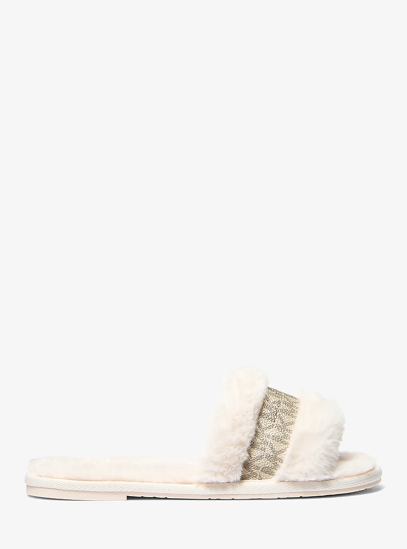 Alexis Faux Fur and Metallic Signature Logo Slide Sandal in NATURAL | Michael Kors