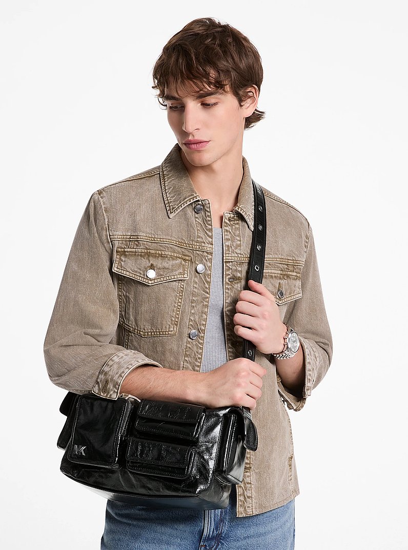 Dakota Large Crinkled Leather Shoulder Bag in BLACK | Michael Kors