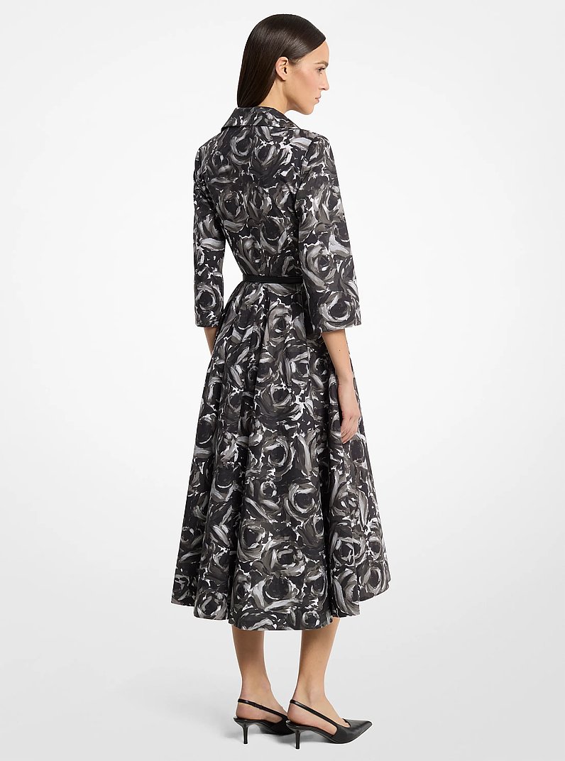 Floral Cotton Poplin Belted Quarter-Sleeve Shirtdress in PEWTER MULTI | Michael Kors