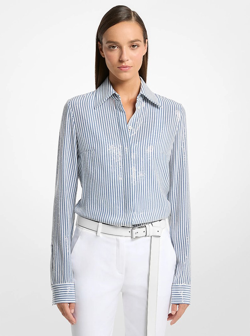 Camisa Hansen de crep&eacute; de China de seda a rayas con lentejuelas in ACERO/BLANCO &Oacute;PTICO | Michael Kors