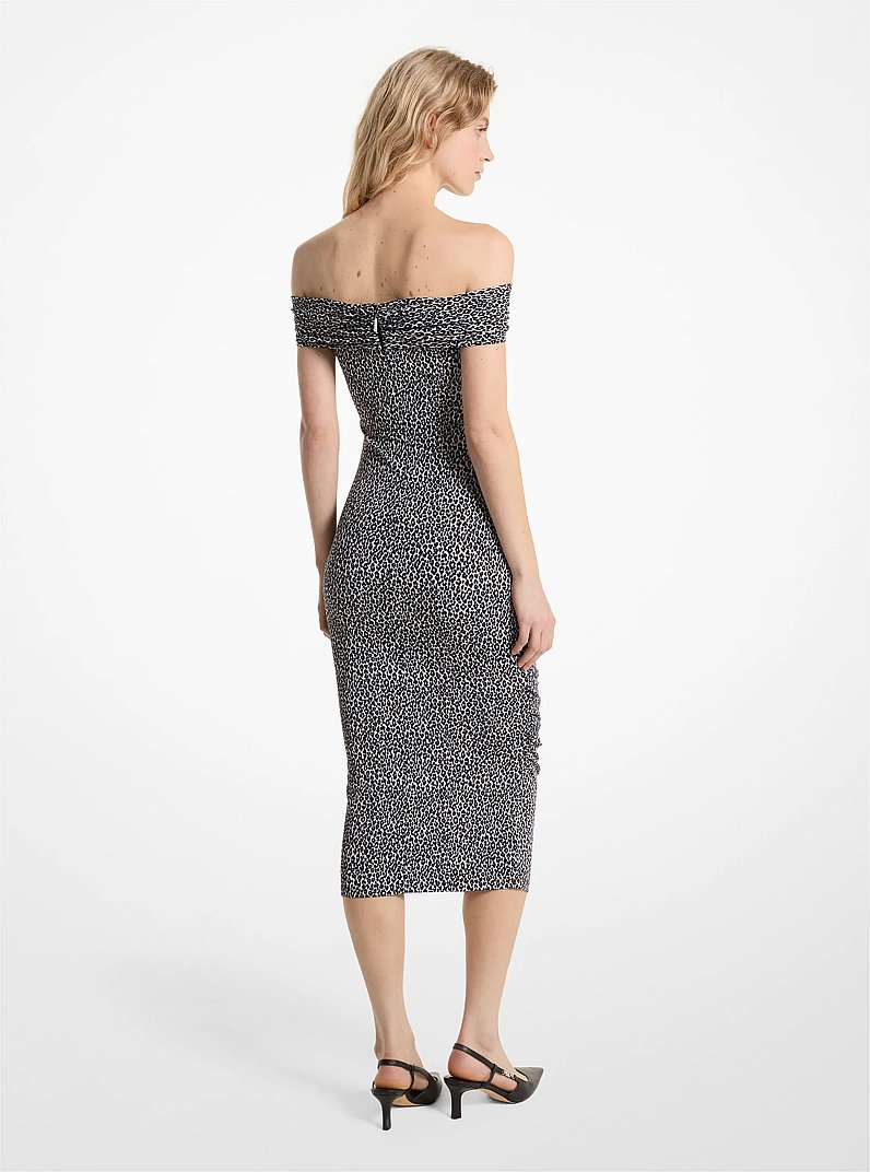 Leopard Print Stretch Matte Jersey Off-The-Shoulder Dress in ALUMINUM | Michael Kors