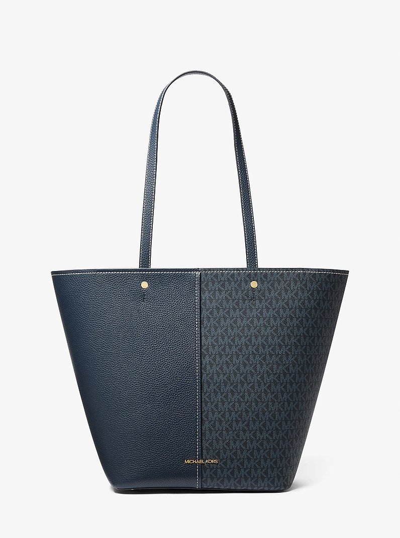 Flora Large Signature Logo and Leather Tote Bag in ADMRL/PLBLUE | Michael Kors