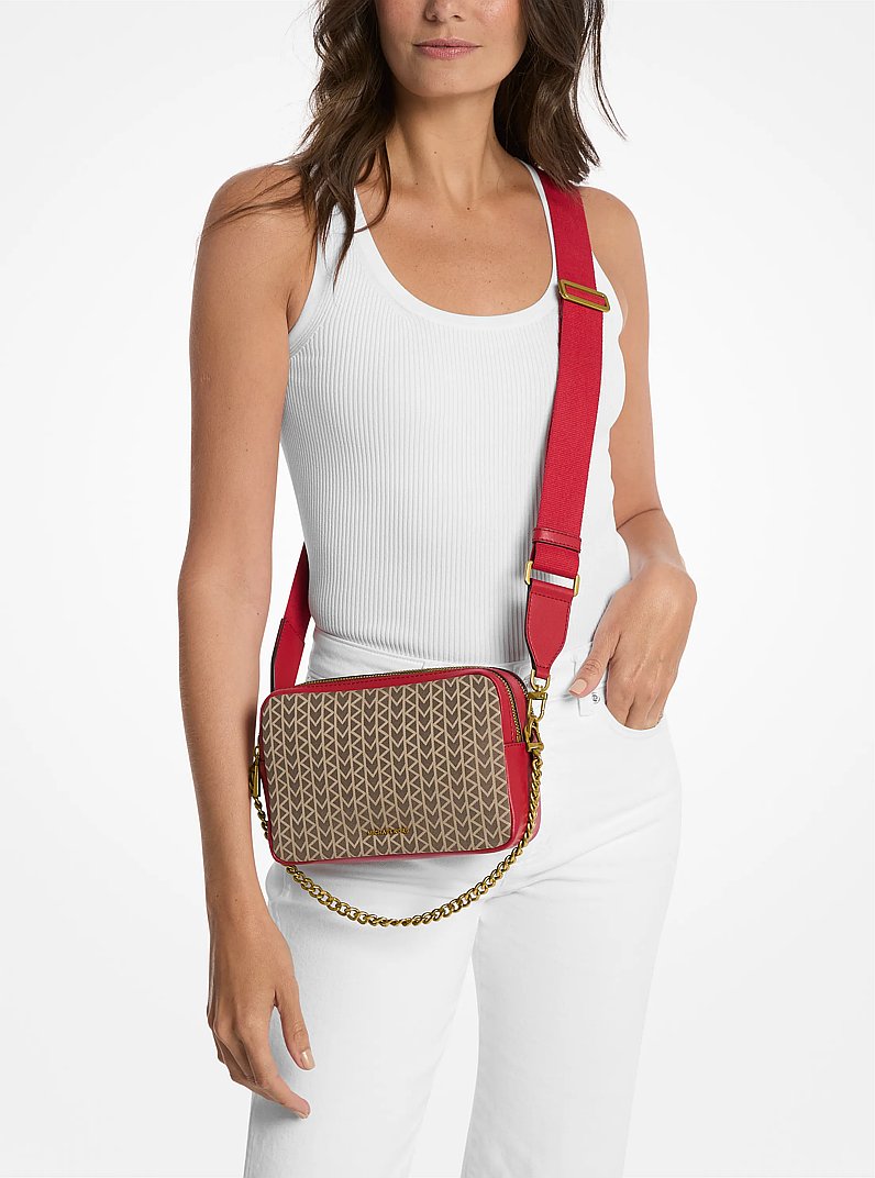 Bryant Medium MK2000 Logo Jacquard Camera Crossbody Bag in CRIMSON MULTI | Michael Kors