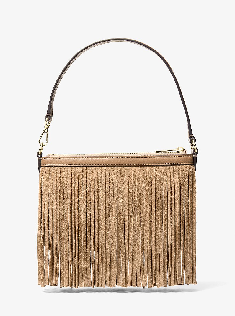 Pochette-bracelet en microsu&egrave;de de polyester &agrave; clous et &agrave; franges in POIL DE CHAMEAU | Michael Kors