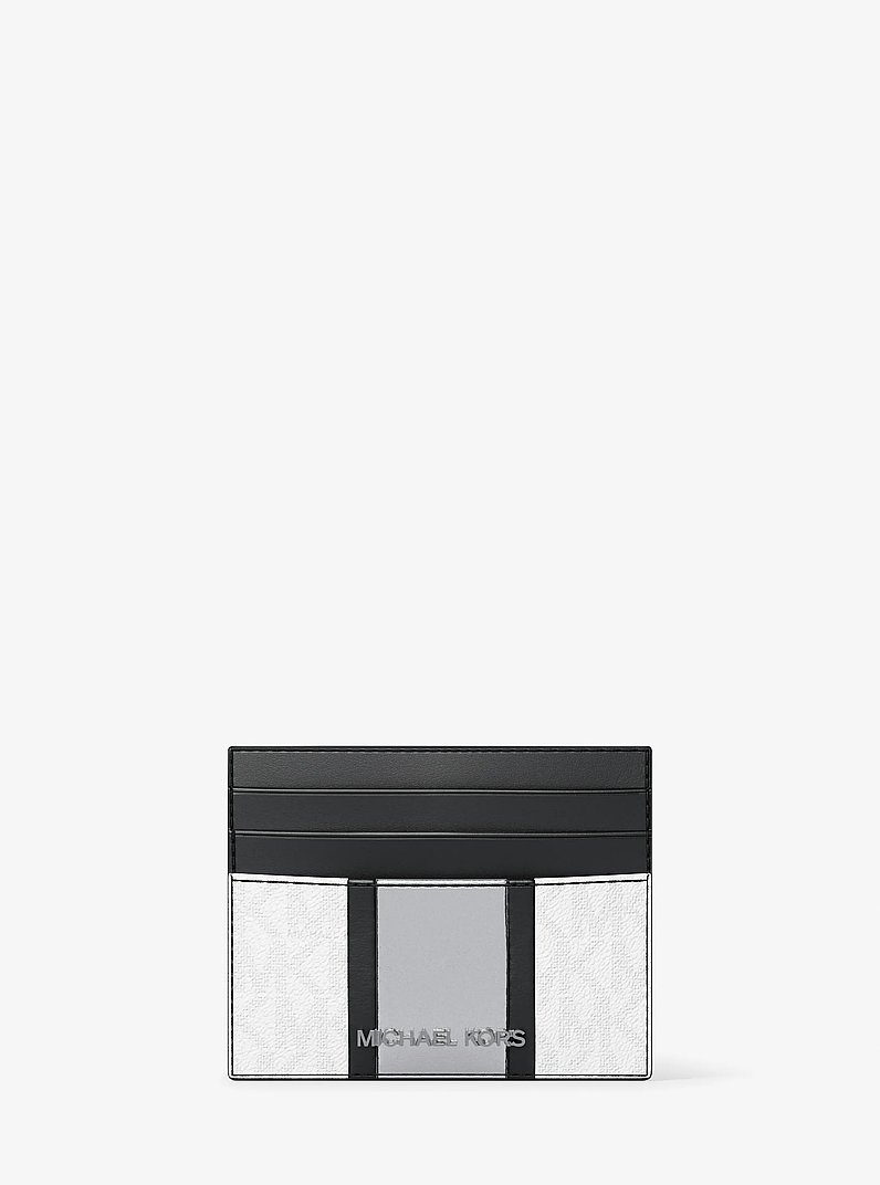 Cooper Striped Signature Logo Card Case in SILVER | Michael Kors