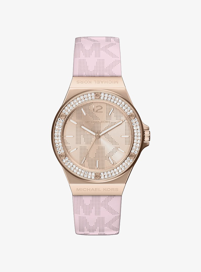 Lennox Pav&eacute; Rose Gold-Tone and Logo Silicone Strap Watch in ROSE GOLD | Michael Kors