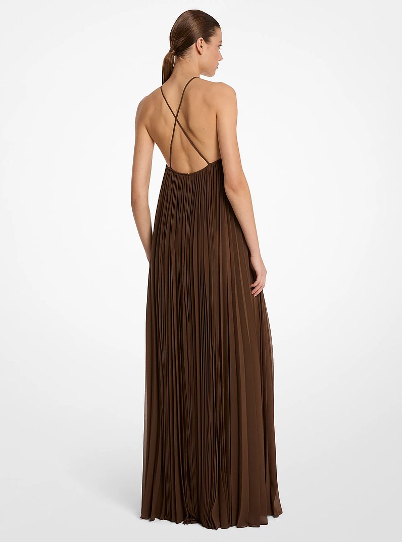 Pleated Techno Chiffon Halter Gown in JAVA | Michael Kors