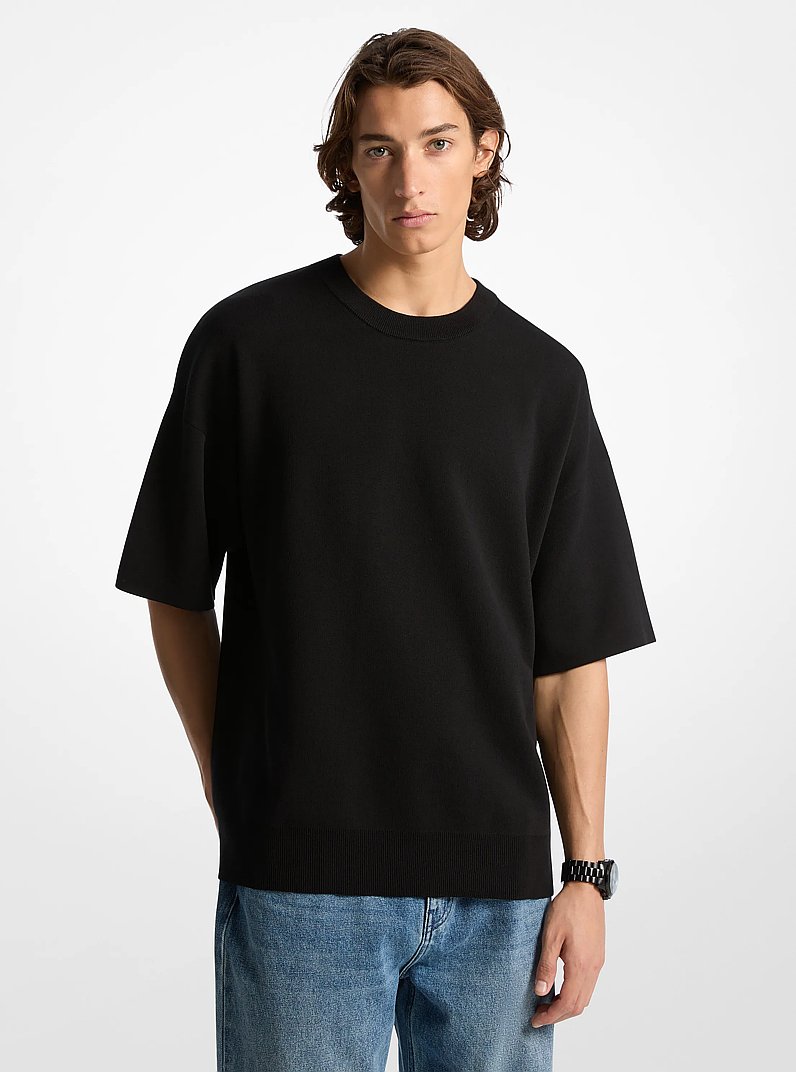 Cotton Short-Sleeve Sweater in BLACK | Michael Kors